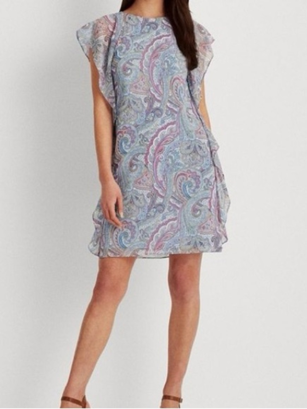 Lauren Ralph Lauren Ruffled Georgette Shift Dress Blue Purple Paisley Floral
